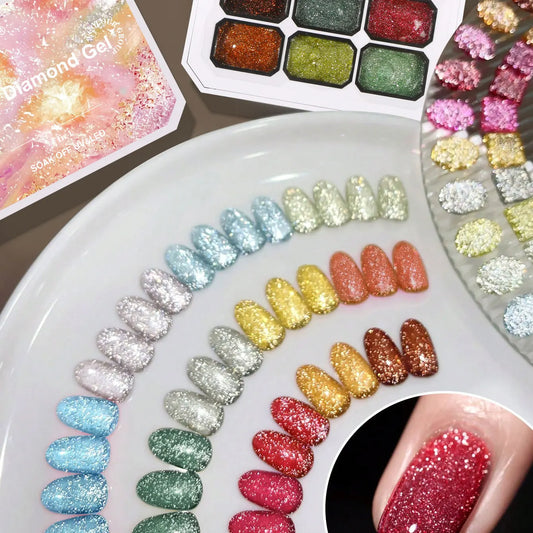 Ovanlee 9-Color Glitter Crushed Diamond Nail Gel – Sparkling Diced Diamond UV/LED Polish Set, 4-in-1 Translucent Shimmer Gel for Overlay, Painting & Solid Nails (8.6cm Starry Palette Box)