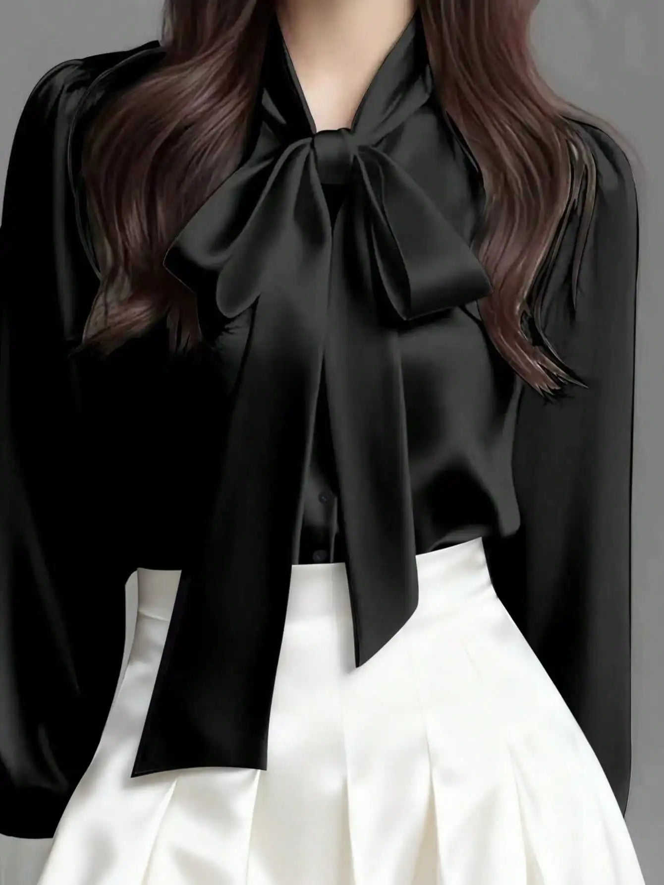 Satin Bow Collar Long Sleeve Blouse For Office Casual
