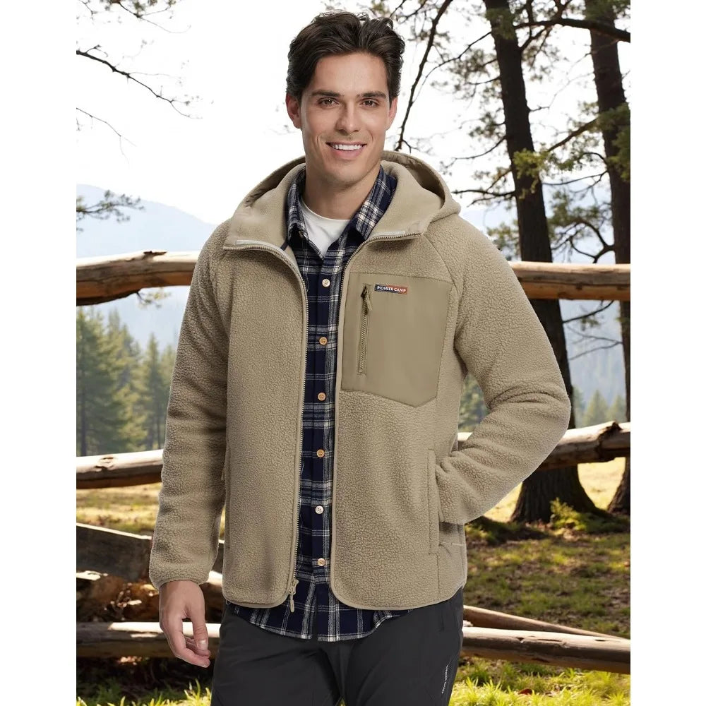 Pioneer Camp Polar Fleece Warm Jacket Men's Winter Hood Chest Pocket Winter Warm Clothing Thick Outwear Coat Hiking Climbing