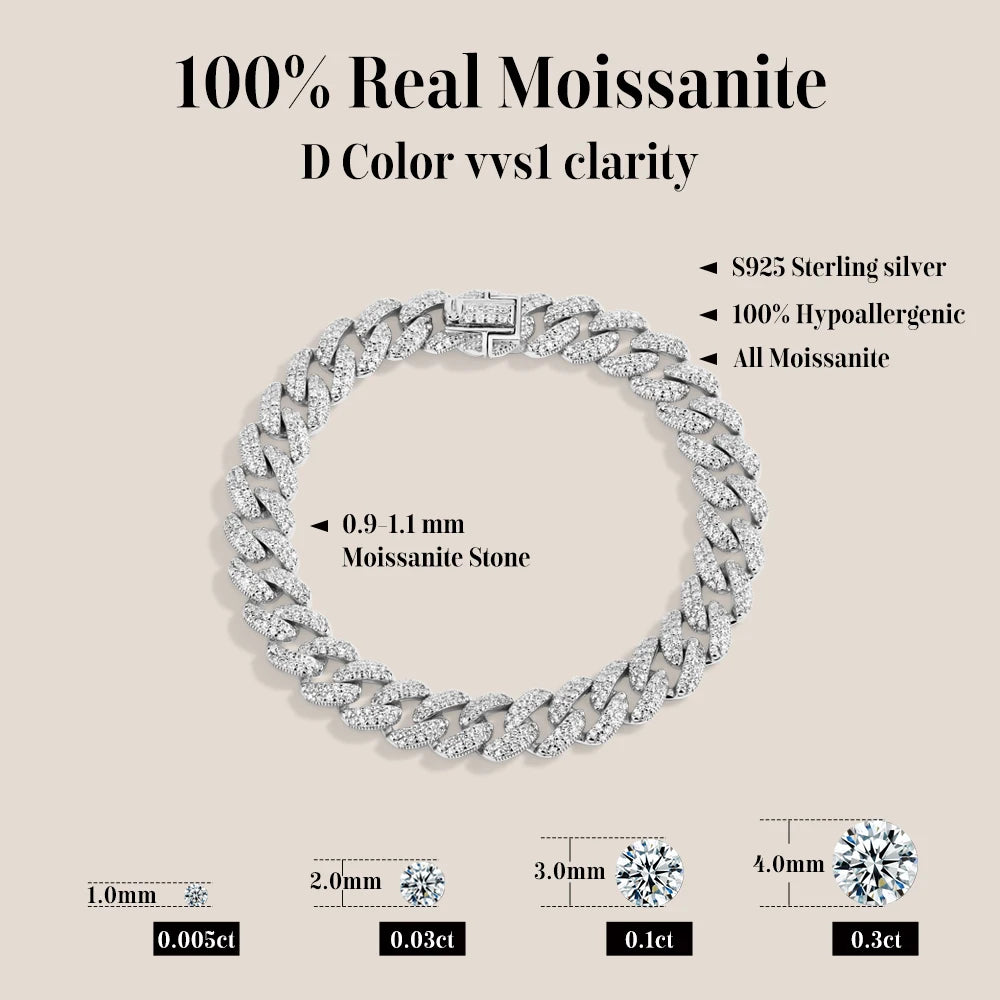 ATTAGEMSC Moissanite Cuba Chain S925 Bracelet For Women Men
