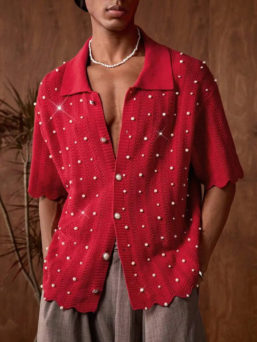 Mens Knit Pearl Decor Batik Shirt Casual Short Sleeve