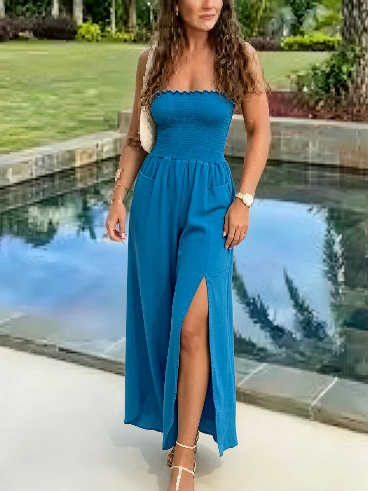 Womens Strapless High Waist Wide Leg Jumpsuit Breathable Chiffon