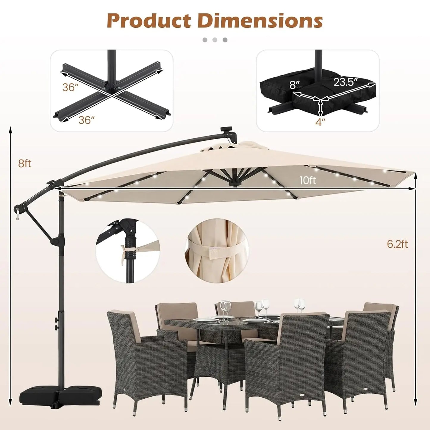 Solar Patio Cantilever Umbrella With Base And 32 LED Lights