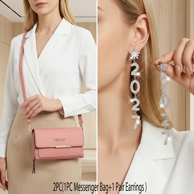 Womens Patent Leather Crossbody Bag with Rhinestone Drop Earrings Set