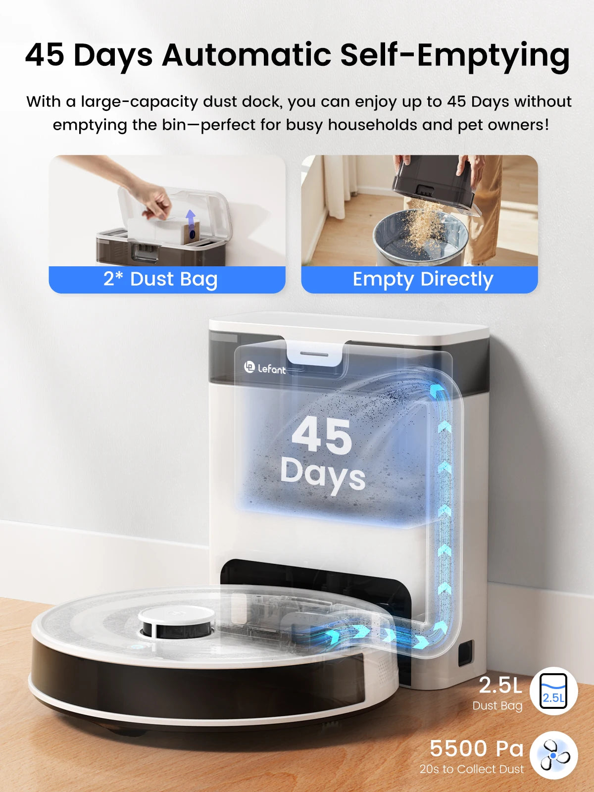 M2 Pro Lefant Robot Vacuum and Mop Combo,Self-Emptying with ,5500Pa LiDAR Robotic Vacuum Cleaner with Precision Mapping,