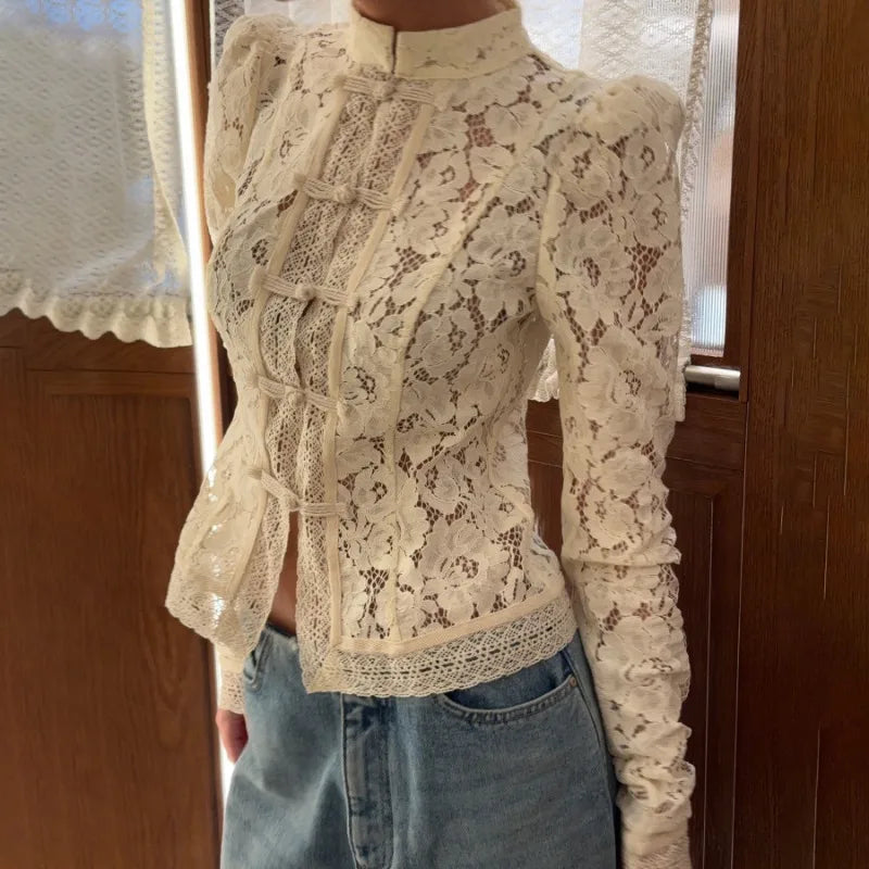 Elegant Embroidery Puff Sleeve White Shirts Summer Sexy Hollow Out Lace Blouse Casual Sand Collar Top 2025 Vintage Shirts