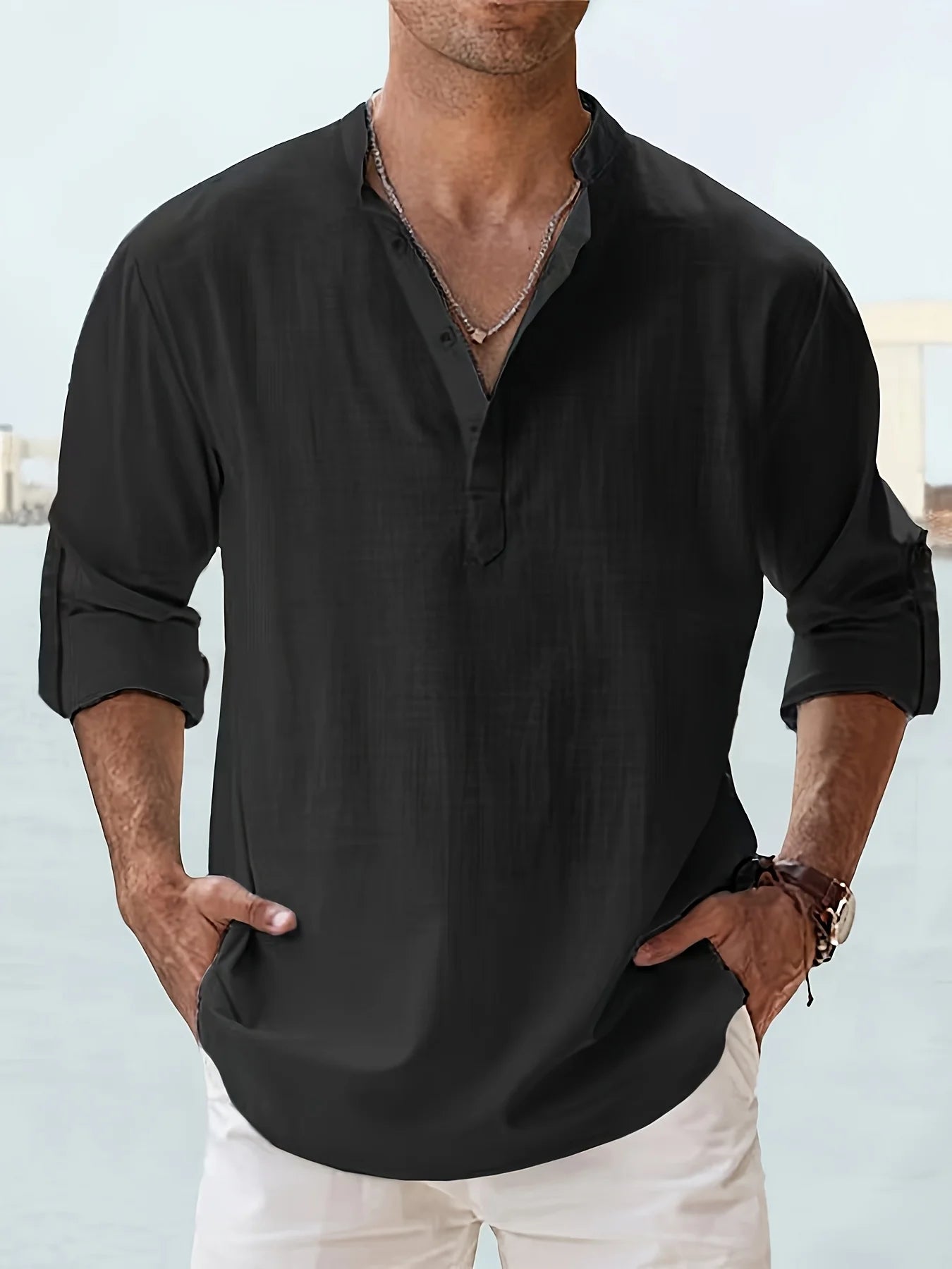 Men's Stand Collar Cotton Long Sleeve Shirt Loose Fit