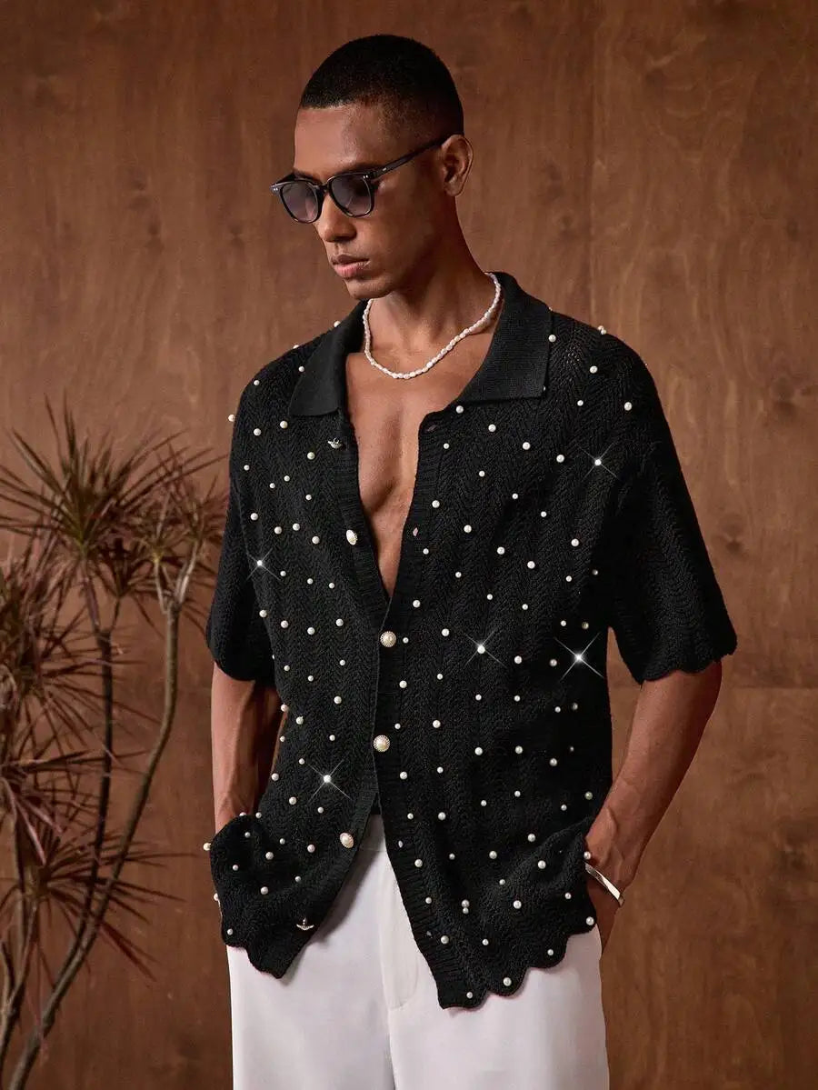 Mens Knit Pearl Decor Batik Shirt Casual Short Sleeve