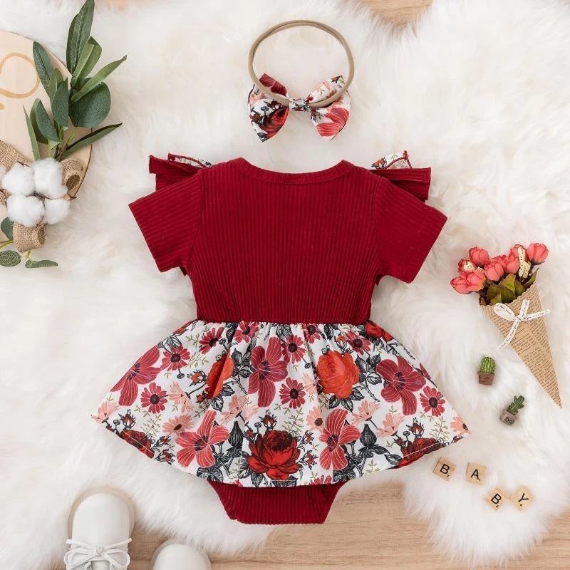 Floral Cotton Baby Girl Dress With Bowknot Jumpsuit Outfit