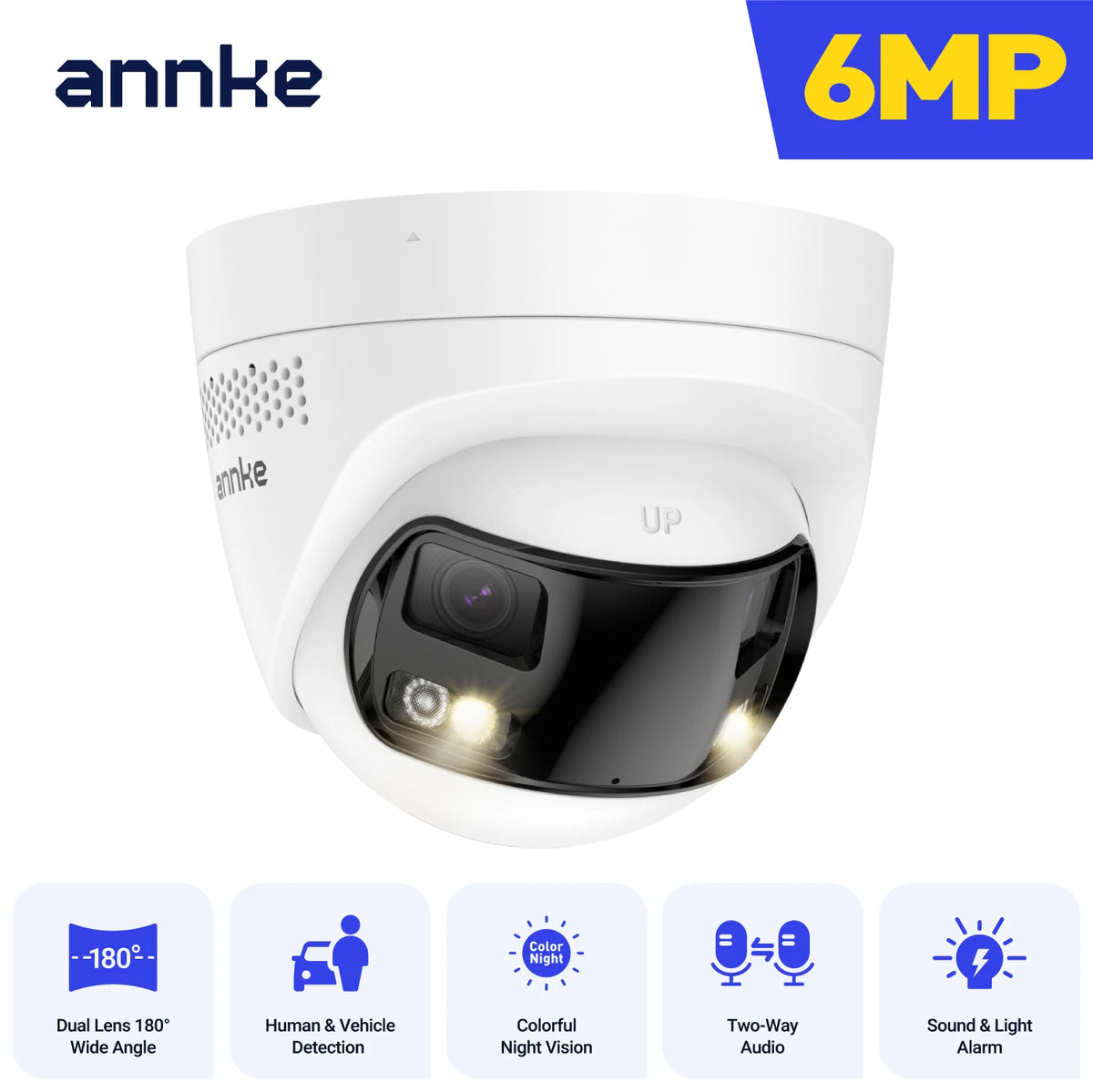 ANNKE 6MP Dual-Lens Security Camera 180° Panorama Turret Camera Color Night Vision Human/Vehicle IP67 ONVIF Security CCTV Camera