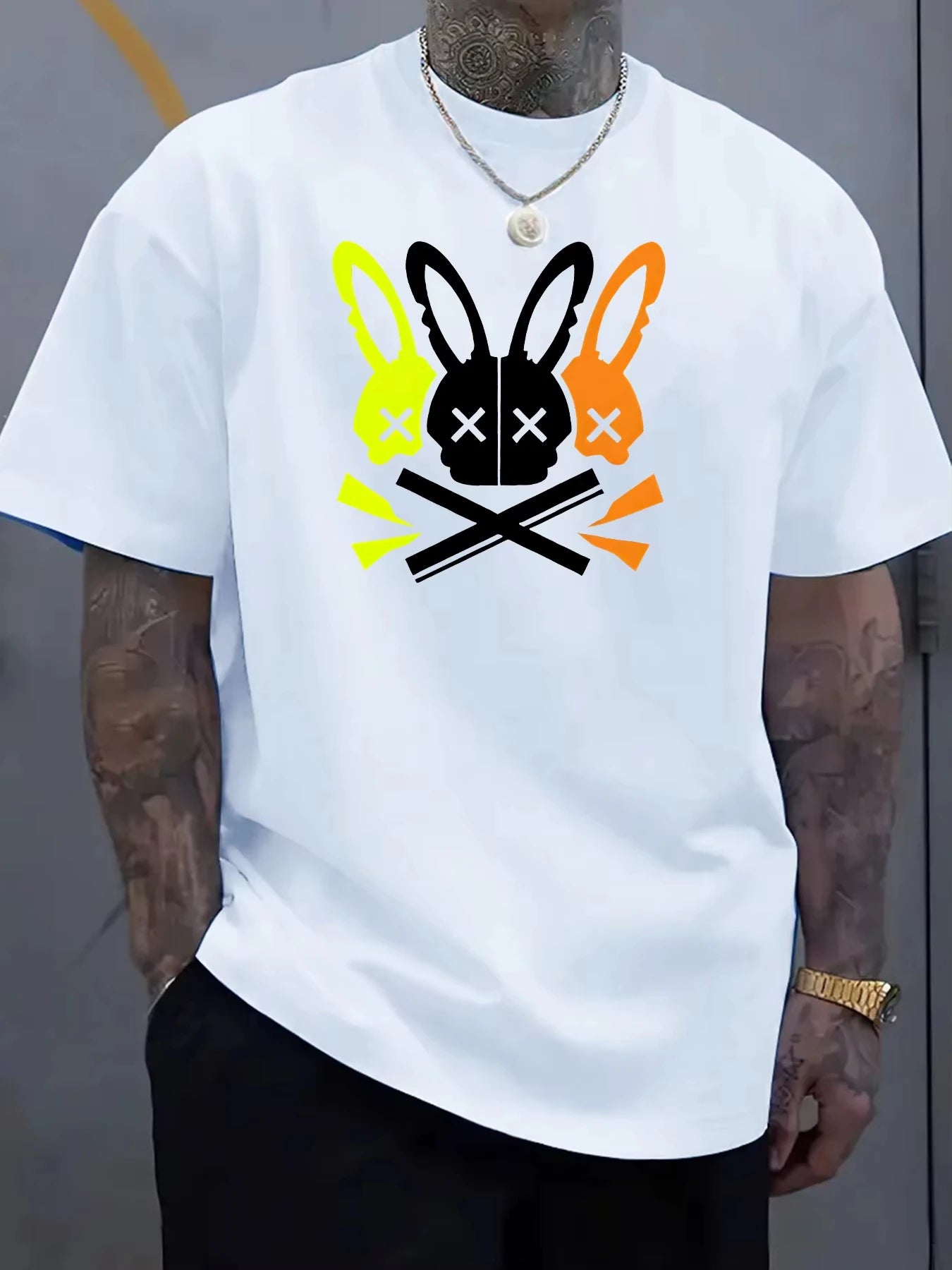 Men's Casual Round Neck T Shirt With Rabbit Skull Pattern