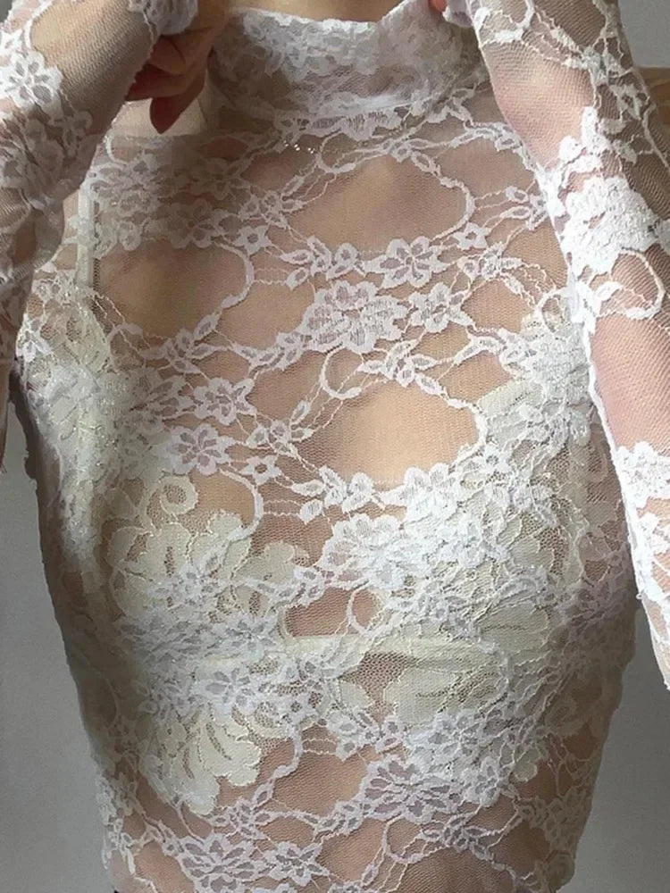 TDFunlive Sexy Lace Blouse See Through Patchwork Long Sleeve
