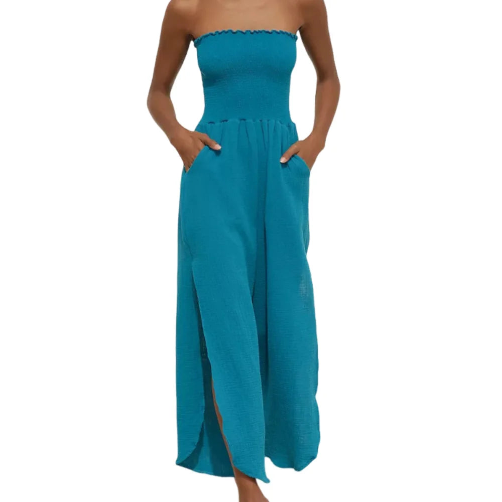 Womens Strapless High Waist Wide Leg Jumpsuit Breathable Chiffon