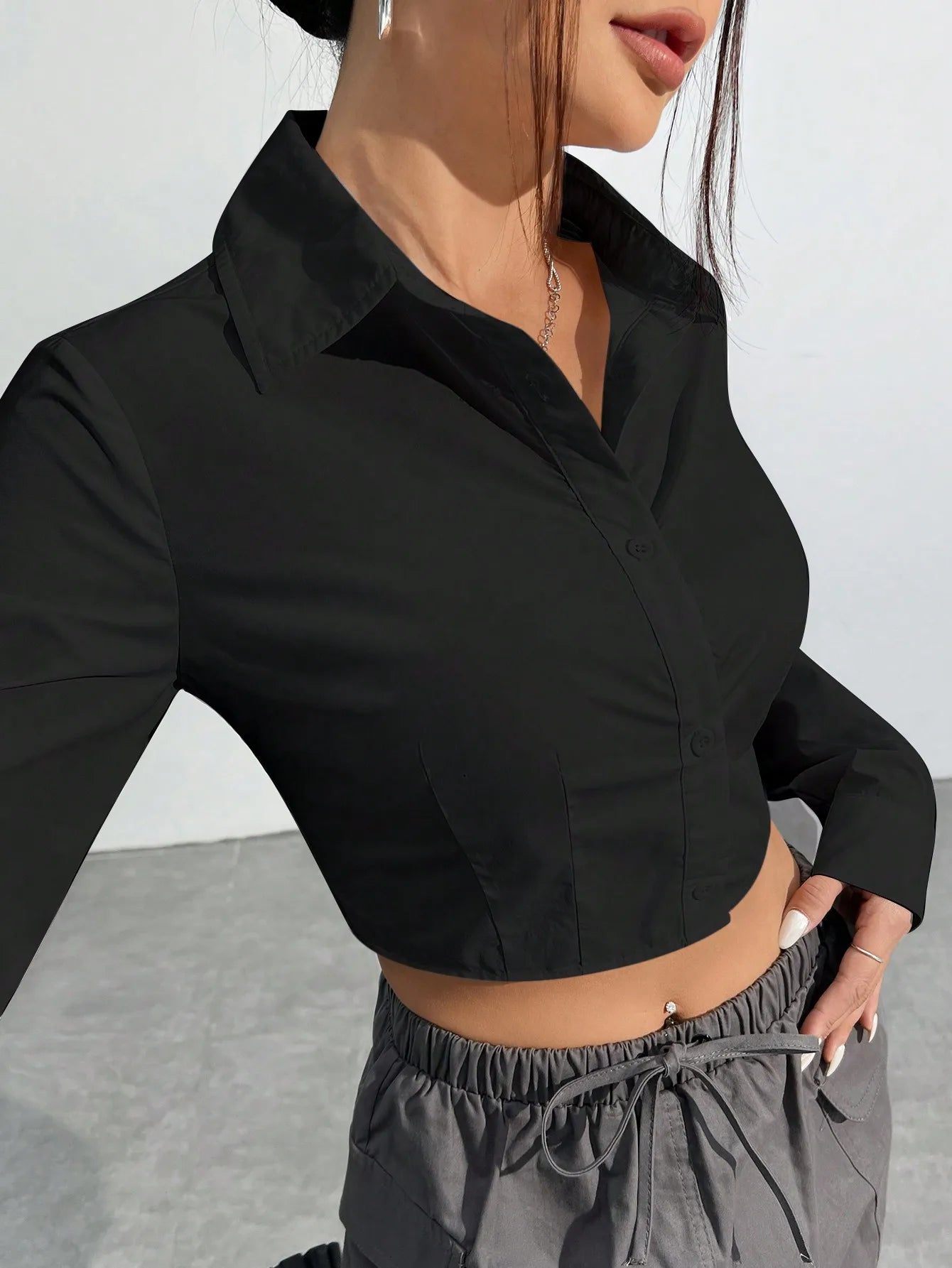 Woven Cinched Waist Fitted Cropped Shirt For Women