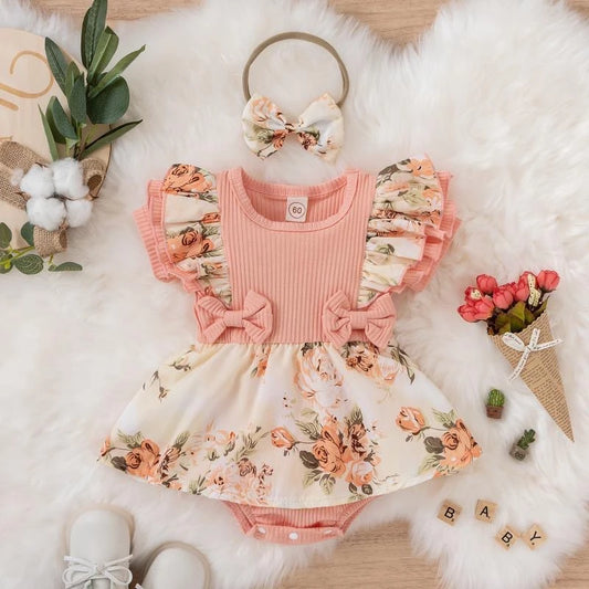 Floral Cotton Baby Girl Dress With Bowknot Jumpsuit Outfit