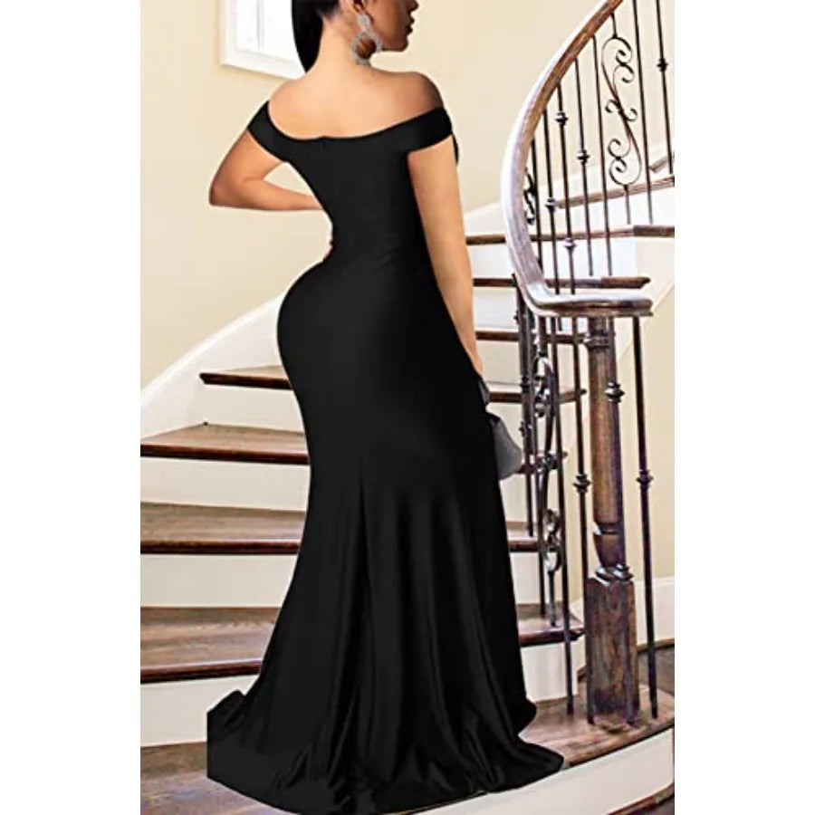 Elegant Women's Off Shoulder Prom Dress Lace V Neck Wrap