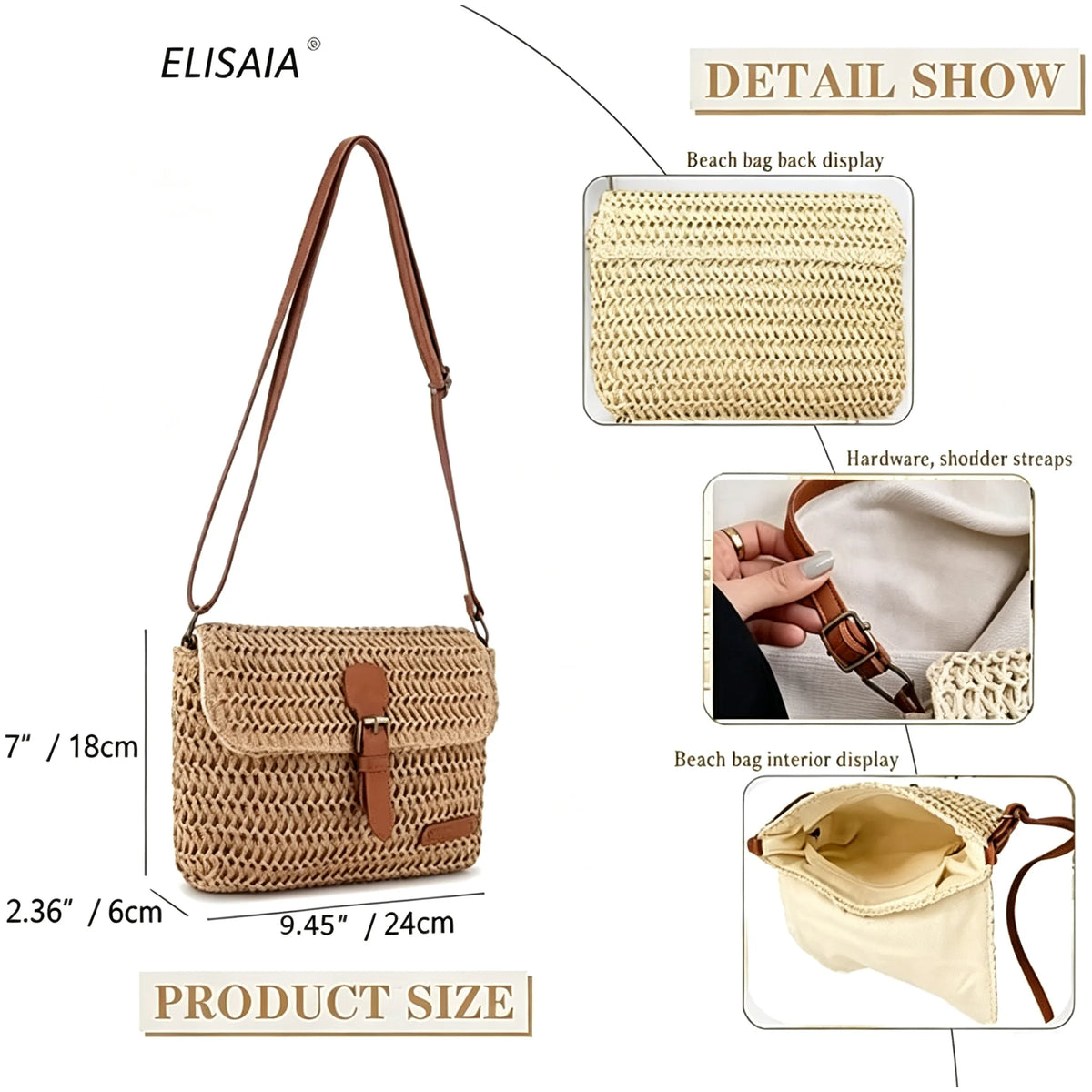 Womens Woven Straw Crossbody Bag With Flap Buckle PU Strap