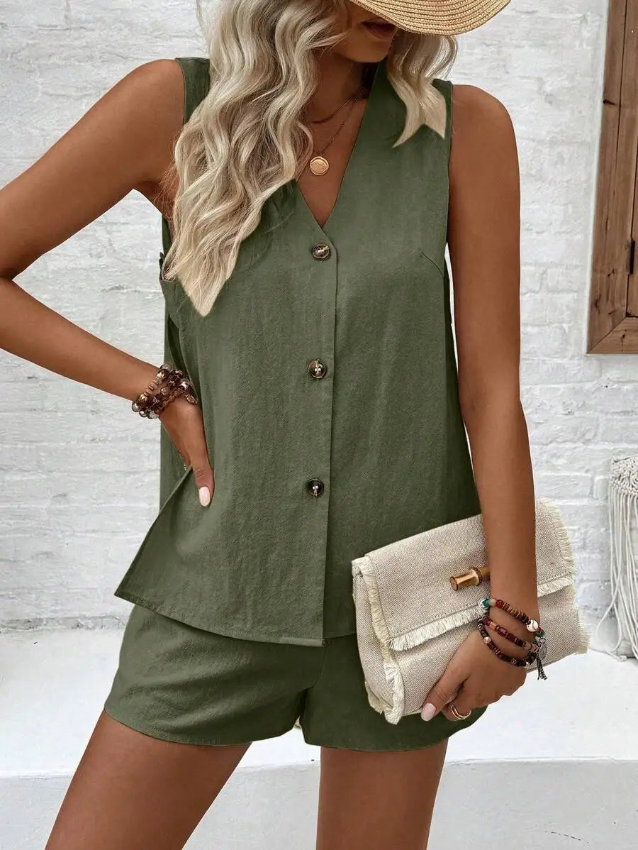 Women Sleeveless V-Neck Hollow Button Blouse and Casual Shorts Set