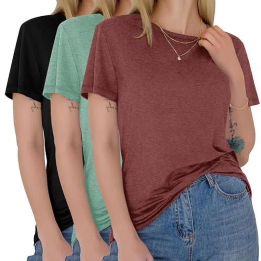 3 Pack Womens Short Sleeve Crew Neck T Shirts Essentials