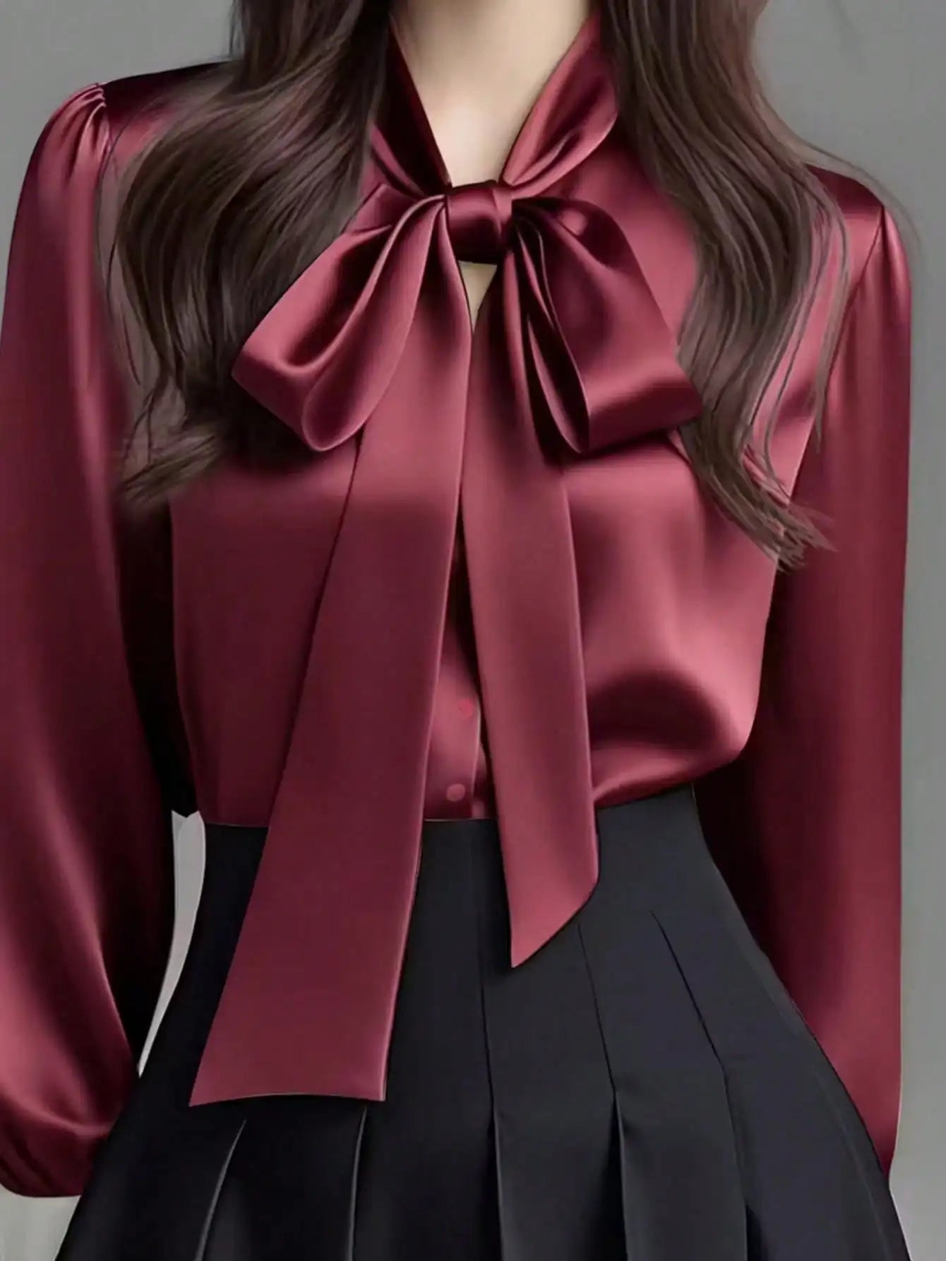 Satin Bow Collar Long Sleeve Blouse For Office Casual