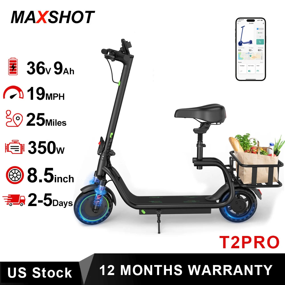 MAXSHOT Electric Scooter With Seat Basket Foldable 15 Miles