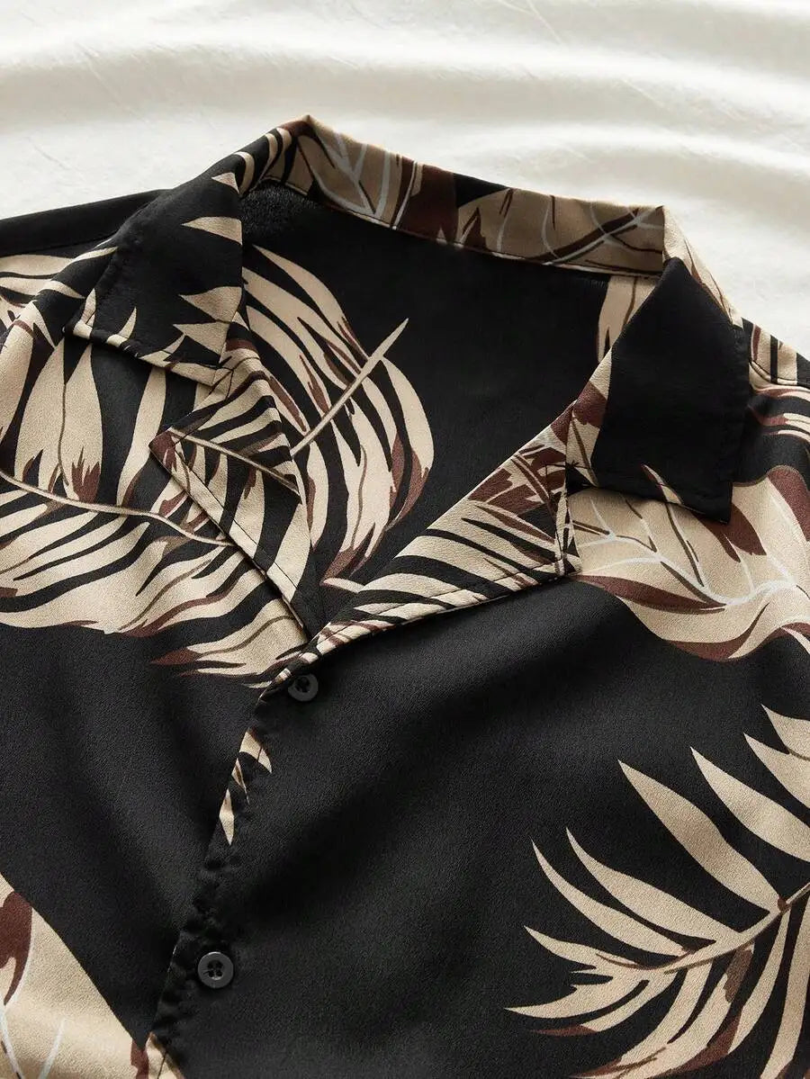 Men's Woven Casual Shirt With Leaf Pattern For Summer