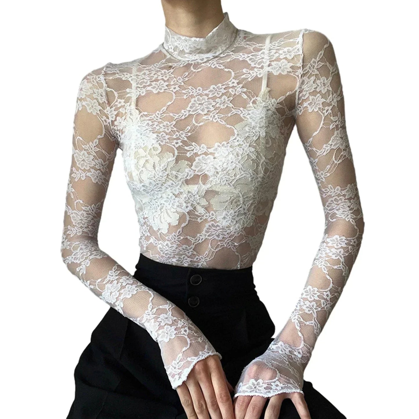 TDFunlive Sexy Lace Blouse See Through Patchwork Long Sleeve