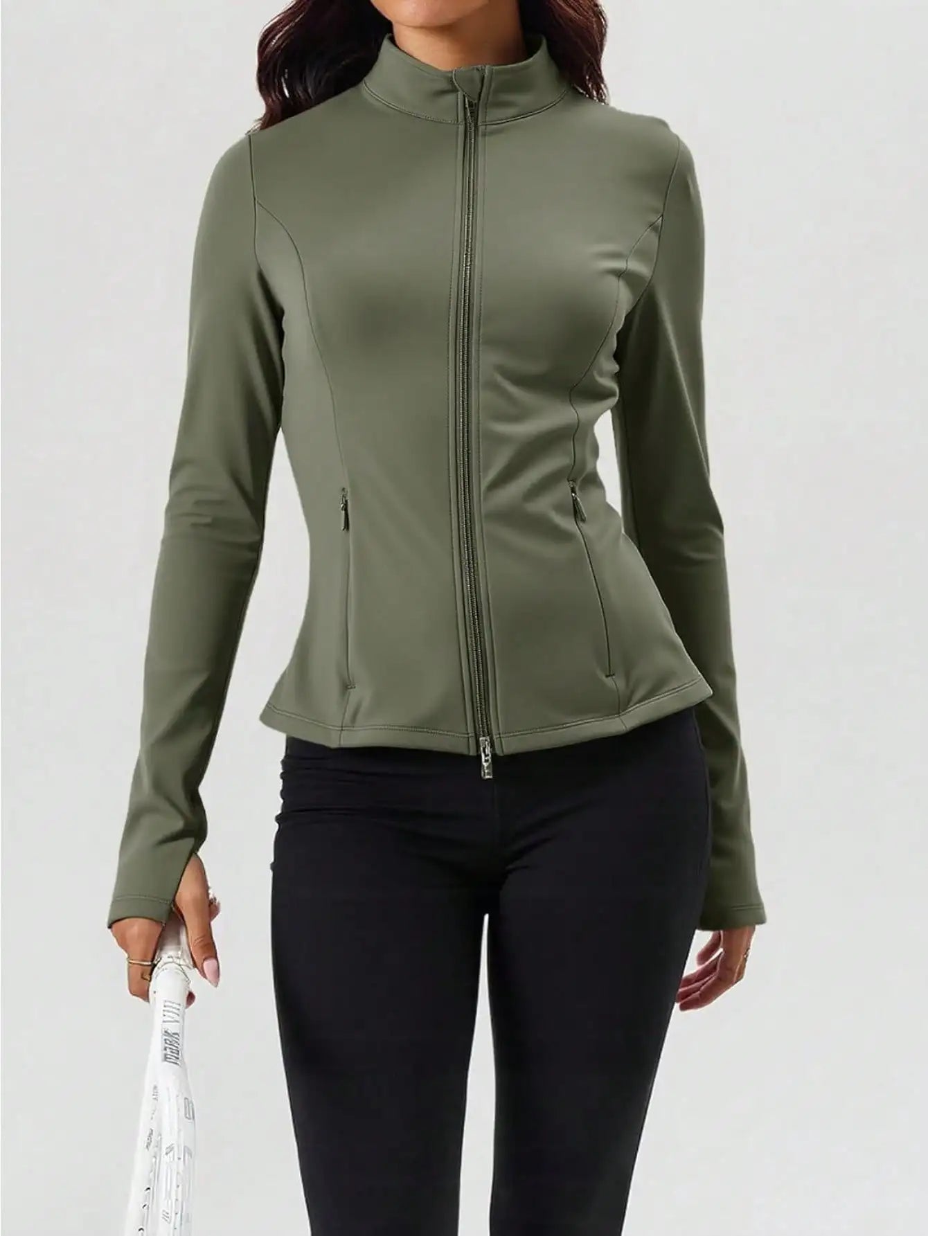 Pleated Athletic Jacket For Women Zip Up With Stand Collar