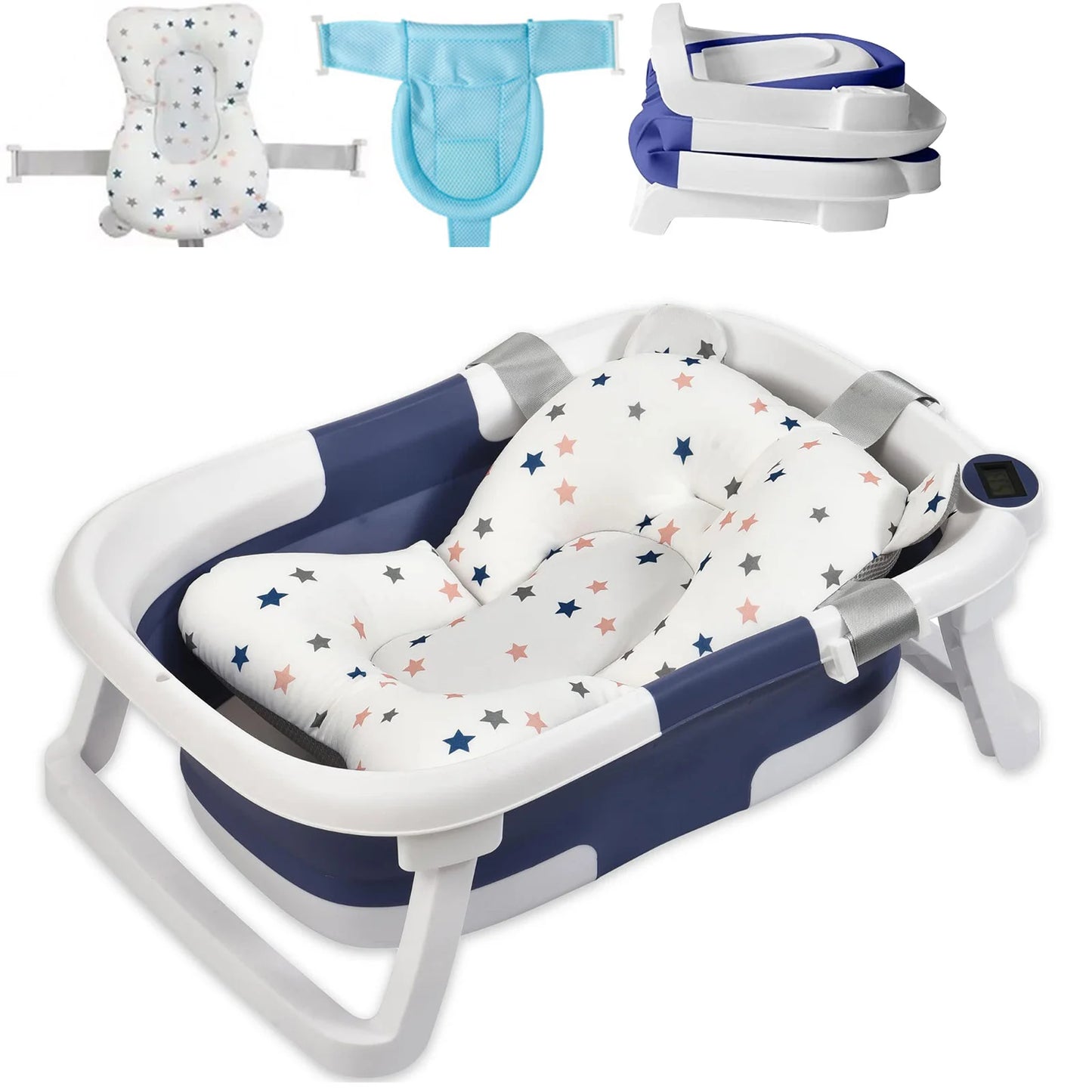 Foldable Baby Bath Tub With Cushion And Thermometer Non Slip