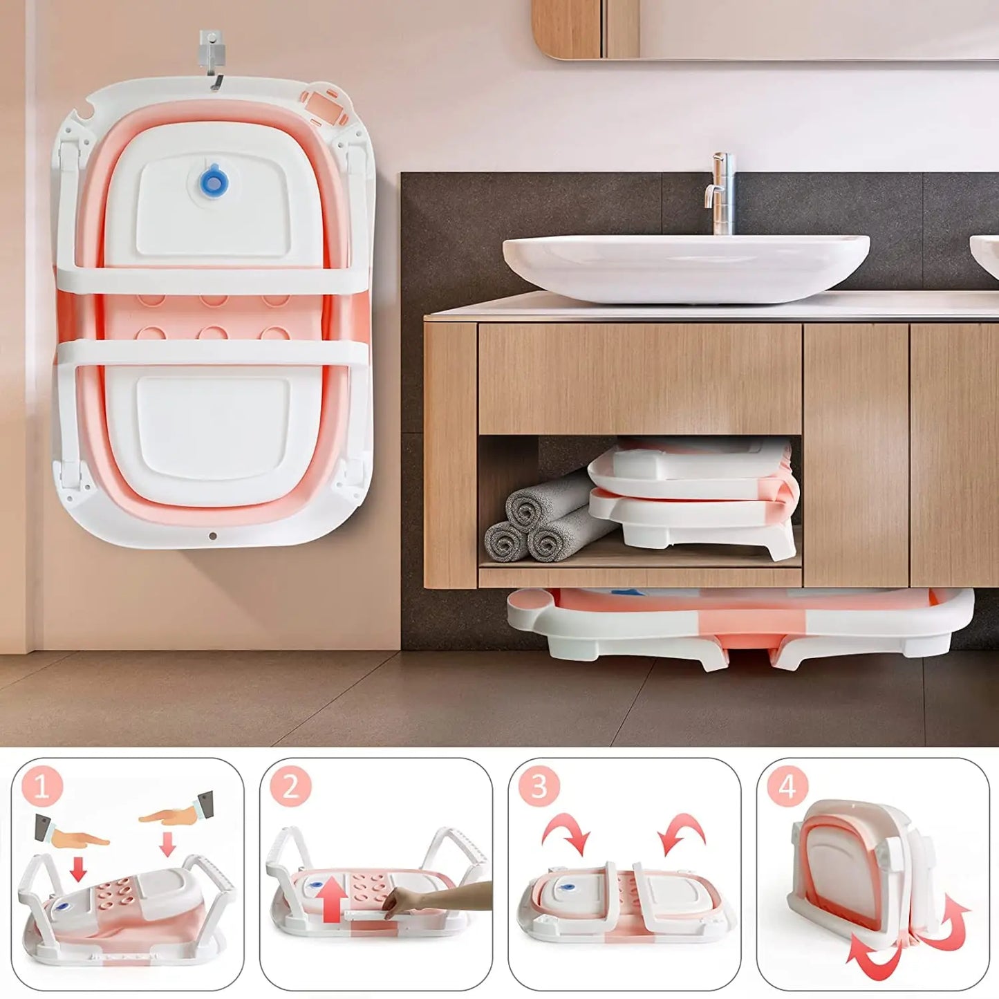 Foldable Baby Bath Tub With Cushion And Thermometer Non Slip